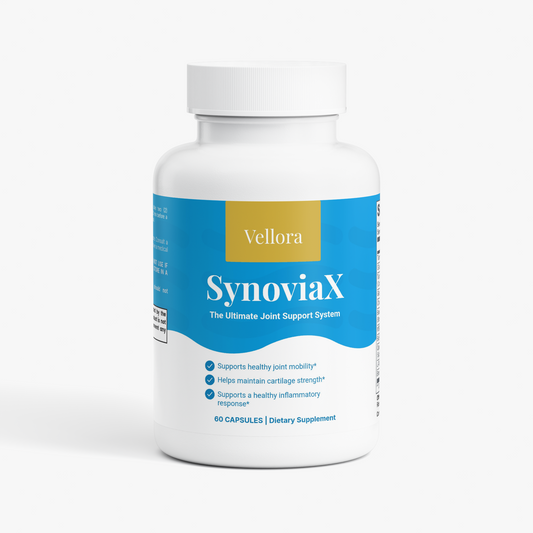 A white plastic bottle of Vellora SynoviaX dietary supplement with a blue and gold label, set against a clean white background.